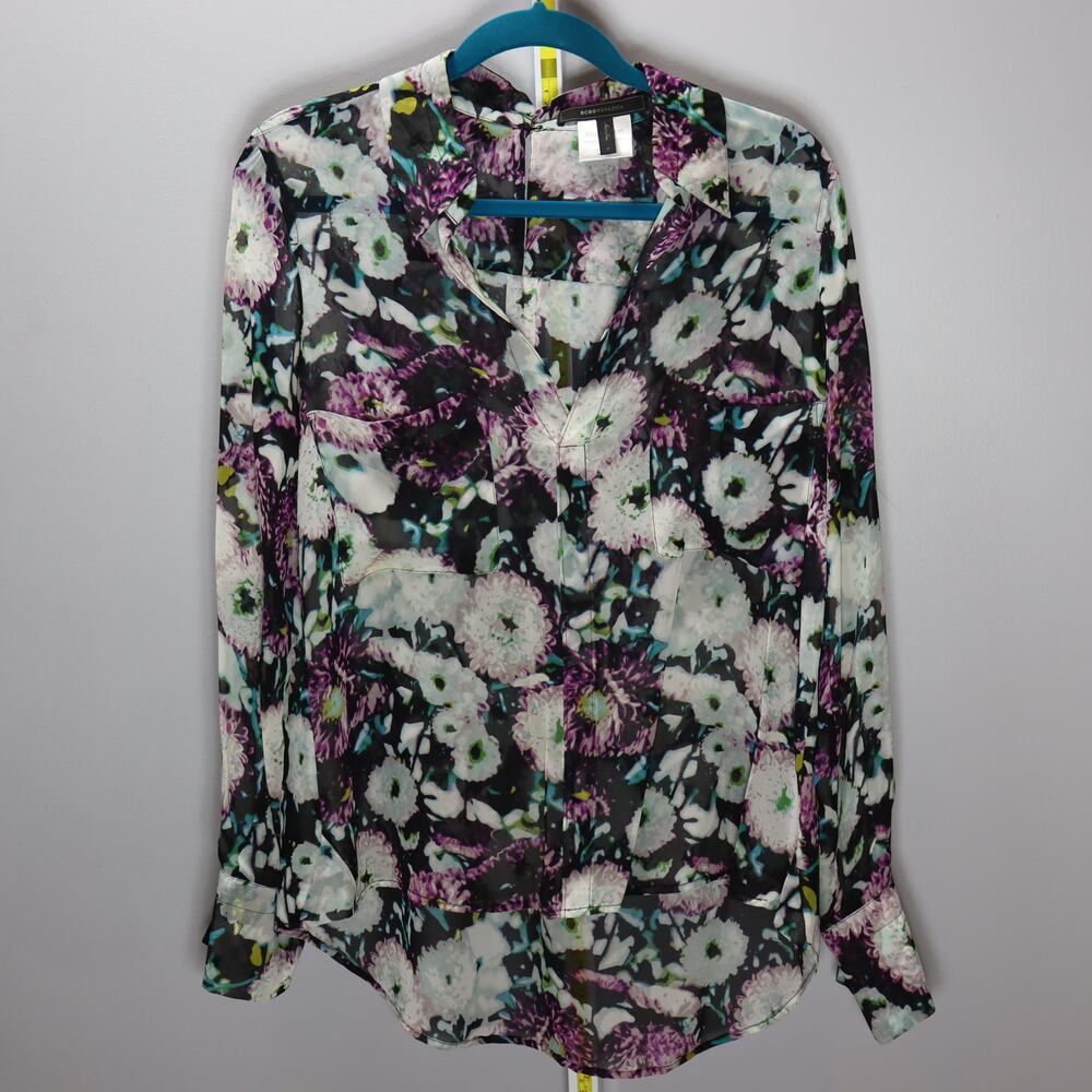 BCBGMAXAZRIA 100% Silk Floral Sheer Blouse‎ Size M